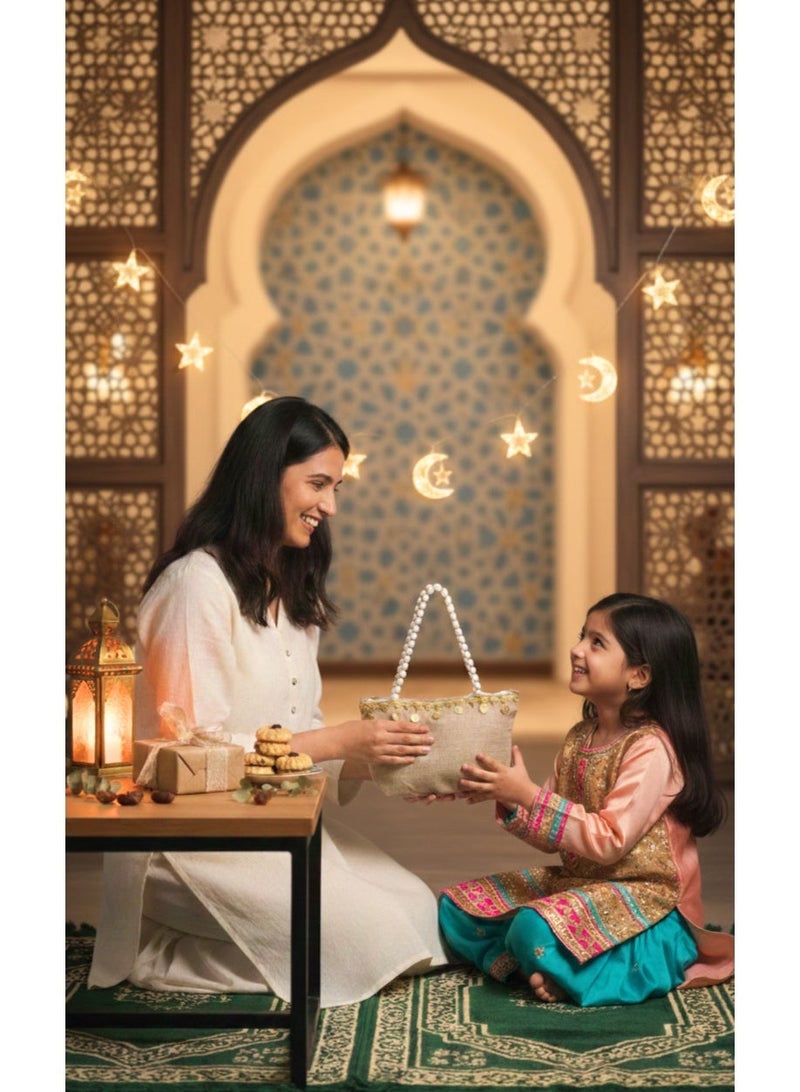 حقيبة هدايا رمضانية مميزة للأطفال - مصنوعة من الجوت الجميل مع مقبض من اللؤلؤ ودانتيل ذهبي - حقيبة رمضانية احتفالية - Image 3